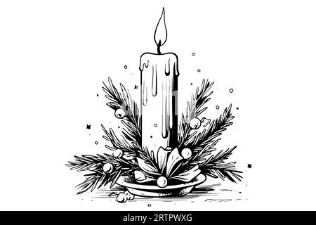 Spesse candele di natale che bruciano. Illustrazione vettoriale dello stile di incisione dello schizzo disegnato a mano. Illustrazione Vettoriale