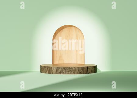 piedistallo per presentazioni 3d in legno su parete bianca con arco. rendering 3d del mockup del podio di presentazione a scopo di visualizzazione o pubblicità Foto Stock