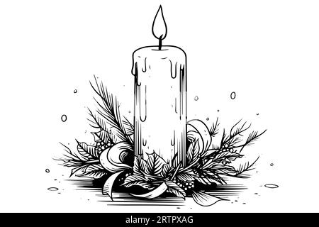 Spesse candele di natale che bruciano. Illustrazione vettoriale dello stile di incisione dello schizzo disegnato a mano. Illustrazione Vettoriale