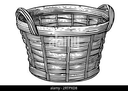 Disegno a mano del cestino di vimini. Illustrazione vettoriale incisa. Il modello per i lavori di progettazione. Illustrazione Vettoriale