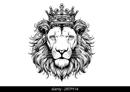 La testa di leone nella corona disegna a mano un'incisione vintage in bianco e nero su sfondo bianco. Illustrazione Vettoriale