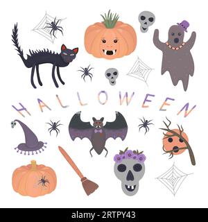 Illustrazione colorata di Halloween in tonalità grigie, arancioni e viola Illustrazione Vettoriale