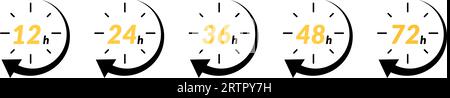 Icona ora con formati orologio 12 e 24, per consegna veloce 48 o 72 ore e vendite speciali in giornata. Include timer, freccia ed effetti aperti. Vettore piatto Illustrazione Vettoriale