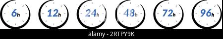 icona tempi di consegna rapidi 24 ore e 48 ore. Orologio con 12 e 6 ore, in vendita e logo di consegna rapida. Rappresenta 24, 36 e 72 ore. Vettore piatto Illustrazione Vettoriale