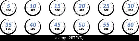 Icona del cronometro digitale intervalli di 30 e 60 secondi, timer elettronico per conto alla rovescia per minuti e secondi. Quadrante del cerchio grafico per la lettura, gestione del tempo Illustrazione Vettoriale