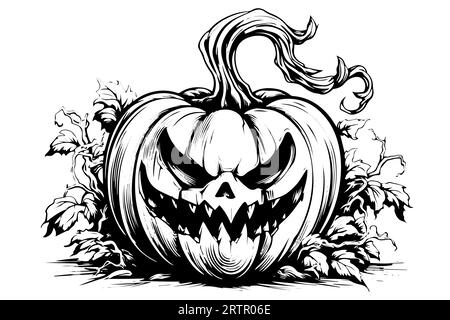 Mascotte con testa di zucca di Halloween incisione a inchiostro disegno a mano illustrazione vettoriale. Illustrazione Vettoriale