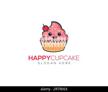 Carino modello logo cupcake disegno illustrativo icona vettoriale. Simbolo di cupcake Kawaii. Logo Happy Cupcake Abstract - Design icona. Illustrazione Vettoriale