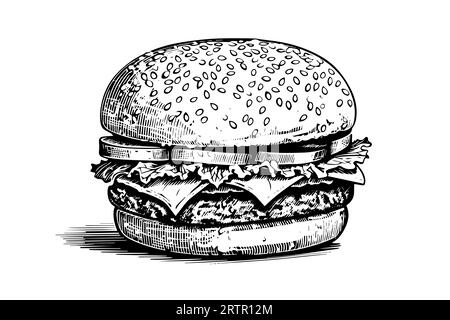 Hamburger in stile incisione. Illustrazione vettoriale disegnata a mano dell'hamburger. Illustrazione Vettoriale