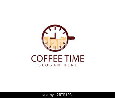 Modello di design del logo Coffee Time. Illustrazione del vettore dell'icona della tazza di caffè e dell'orologio. Logo Coffee Time per il marchio Illustrazione Vettoriale