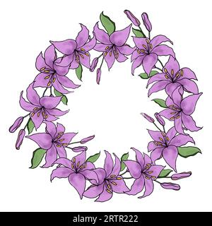 Lilly Flower line ART garland Circle Wreath Set, sfondo vettoriale Illustrazione Vettoriale