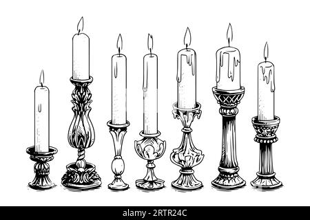 Spesse candele di natale che bruciano. Illustrazione vettoriale dello stile di incisione dello schizzo disegnato a mano. Illustrazione Vettoriale