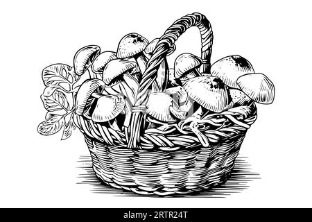 Cestino pieno di funghi disegnati a mano con inchiostro. Incisione illustrazione vettoriale in stile vintage. Illustrazione Vettoriale