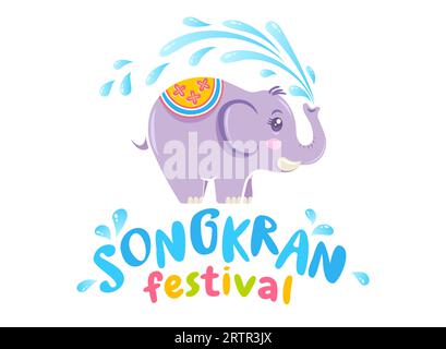 Logo vettoriale per il festival di Songkran in Thailandia con elefante su sfondo isolato in stile kawaii. Emblema per il festival dell'acqua di Songkran. Illustrazione Vettoriale