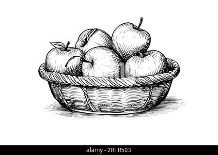 Mele in un cestino di frutta disegnate a mano illustrazioni vettoriali in stile incisione. Illustrazione Vettoriale