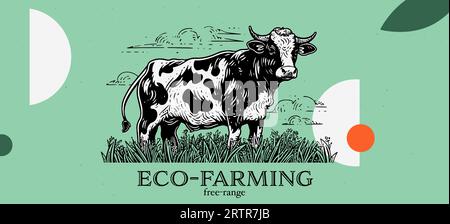 Mucche pascolano nel campo. Illustrazione dello stile di incisione disegnata a mano vettoriale. Illustrazione Vettoriale