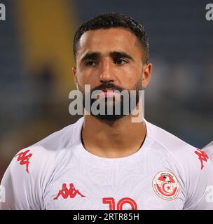 Egitto, Cairo - 12 settembre 2023 - Ali Abdi della Tunisia, colpo alla testa, profilo durante l'amichevole partita internazionale tra Egitto e Tunisia del 30 giugno S Foto Stock