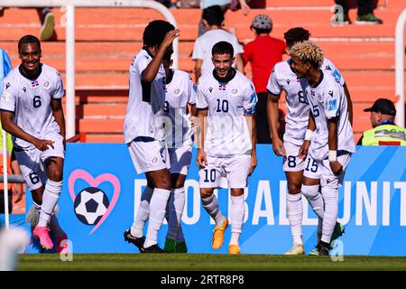 Mendoza, Argentina. 21 maggio 2023. Estadio Malvinas Argentinas Mendoza, Argentina - 21 maggio: Edison Azcona della Repubblica Dominicana (C) festeggia il suo gol con i suoi compagni di squadra durante la partita di Coppa del mondo FIFA Under-20 Argentina 2023 gruppo D tra Nigeria e Repubblica Dominicana all'Estadio Malvinas Argentinas il 21 maggio 2023 a Mendoza, Argentina. (Foto di SPP) (Eurasia Sport Images/SPP) credito: SPP Sport Press Photo. /Alamy Live News Foto Stock