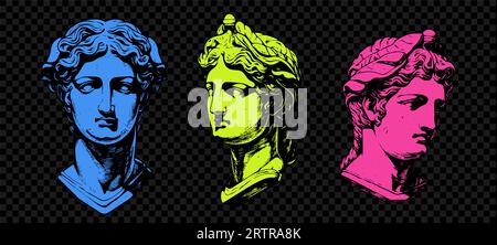 Set di statuette antiche a colori testa di scultura greca, disegno con incisione in stile vettoriale. Illustrazione Vettoriale