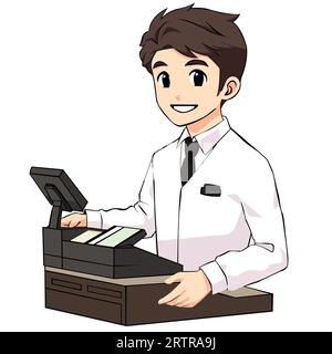 Immagine di un uomo sorridente che gestisce una cassiera Illustrazione Vettoriale