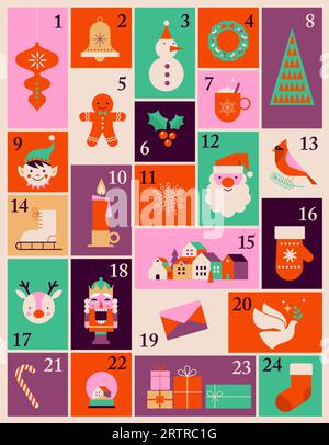 Calendario dell'avvento, poster di buon Natale, modello stampabile con elementi natalizi in stile moderno e minimalista Illustrazione Vettoriale