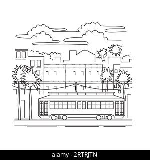 Illustrazione monolinea di un tram o tram a New Orleans, Louisiana, USA realizzata in stile bianco e nero. Foto Stock