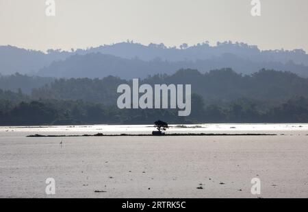 Casa e albero in mezzo al fiume. Questa foto è stata scattata da Kaptai Lake, Rangamati, Bangladesh. Foto Stock