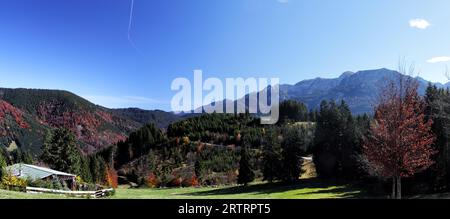 Panorama dei Monti Ammer al confine tra Germania e Austria, preso dal Buchenbergalm vicino Buching in Allgaeu, Baviera, Germania Foto Stock