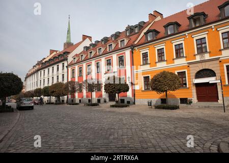 Edifici storici lungo via Katedralna a Ostrow Tumski, Breslavia, Polonia Foto Stock