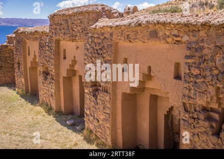 Dettaglio delle rovine Inca del Tempio delle Vergini del sole sull'Isla de la Luna, Lago Titicaca, Bolivia Foto Stock