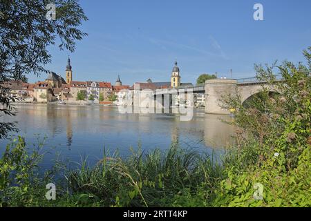 Vista del paesaggio cittadino con la riva principale del fiume, St Johannes, Falterturm, chiesa cittadina e Ponte Vecchio, meno, Kitzingen, bassa Franconia, Franconia Foto Stock