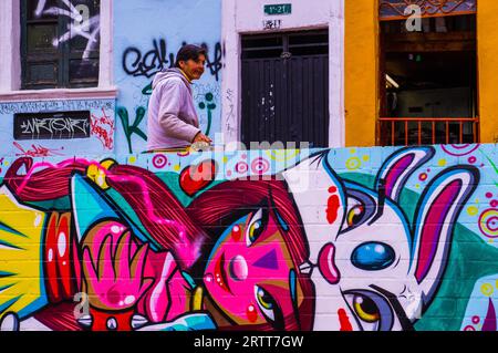 Bogotà, COLOMBIA nel dicembre 2015: Una donna anziana si siede su un'opera d'arte di strada che mostra una giovane principessa rosa. La Street Art è molto popolare a Bogotà Foto Stock