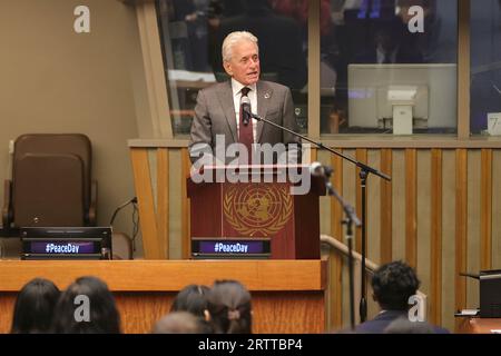 Nazioni Unite, New York, USA, 14 settembre 2023 - Michael Douglas, Messaggero della Pace delle Nazioni Unite, durante la giornata Internazionale di osservanza dei giovani della Pace. Il tema della giornata Internazionale della Pace 2023 oggi presso la sede delle Nazioni Unite a New York. Foto: Giada Papini Rampelotto/EuropaNewswire Foto Stock