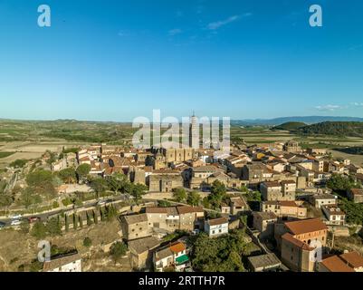 Vista panoramica aerea di Briones, villaggio medievale in cima alla collina con chiesa gotica e castello in rovina sopra il fiume Ebro a Rioja in Spagna Foto Stock
