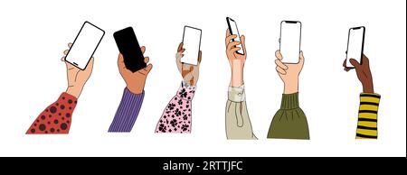 Set di mani diverse che reggono il telefono cellulare. Illustrazione Vettoriale