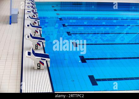 Pechino, Cina - 3 giugno 2018: Pista per piscine con cubo d'acqua del National Natatorium, Pechino, Cina Foto Stock