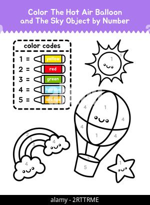 Pallone ad aria calda carina e oggetti cielo colore per numero colorare pagina per bambini Illustrazione Vettoriale