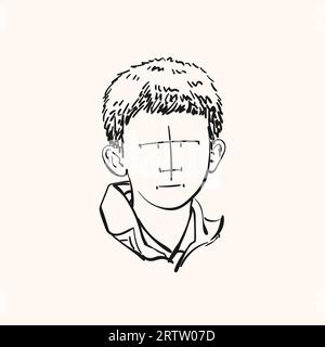 Ritratto di un ragazzo senza fase, ma linee tristi, schizzo lineare, illustrazione disegnata a mano Illustrazione Vettoriale