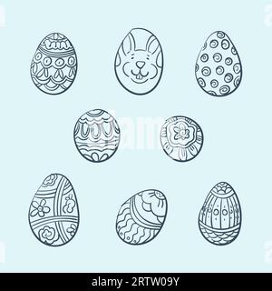 Uova pasquali decorative disegnate a mano con motivi diversi e dimensioni diverse, set di schizzi vettoriali Illustrazione Vettoriale
