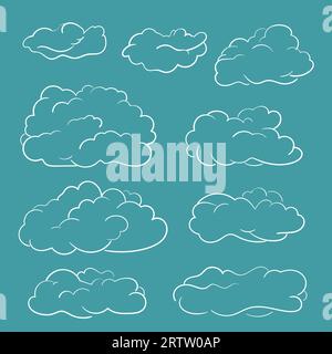 Set vettoriale nuvole disegnato a mano, schizzo linee bianche su sfondo color ottanio Illustrazione Vettoriale