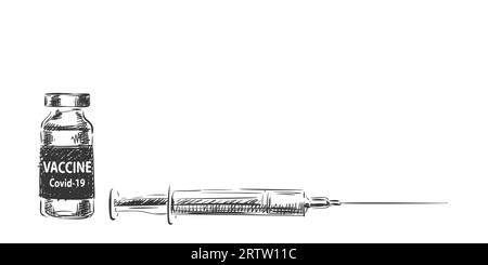 Vaccino Covid-19 flaconcino medicinale e siringa disegno vettoriale. Fiala disegnata a mano per l'isolamento da iniezione di covid. Lotta contro il coronavirus. Vaccinat Illustrazione Vettoriale