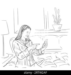 Bella donna con i capelli lunghi che parla sullo smartphone, ridendo e puntando sullo schermo, seduta in confortevole atmosfera di casa rilassante, autoisolamento, Illustrazione Vettoriale