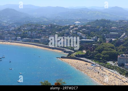 Vista panoramica della città di San Sebastián e della spiaggia di la Concha dal punto panoramico del Monte Igueldo Foto Stock