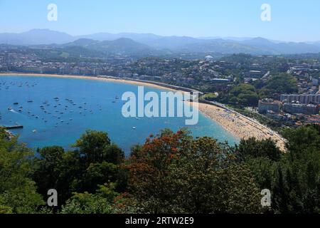 Vista panoramica della città di San Sebastián e della spiaggia di la Concha dal punto panoramico del Monte Igueldo Foto Stock
