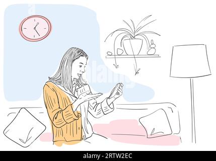 Giovane donna che parla videochiamata su smartphone, seduto sul divano in confortevole atmosfera di casa, autoisolamento al momento della quarantena coronavirus, disegno a mano Illustrazione Vettoriale