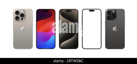 Antalya, Turchia - 14 settembre 2023: Nuovo set di mockup professionale per iPhone 15 Natural Titanium con angoli anteriori e posteriori Foto Stock