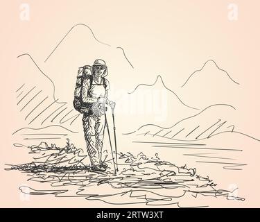 Disegno di una ragazza con zaino in spalla in montagna, disegno vettoriale disegnato a mano Illustrazione Vettoriale