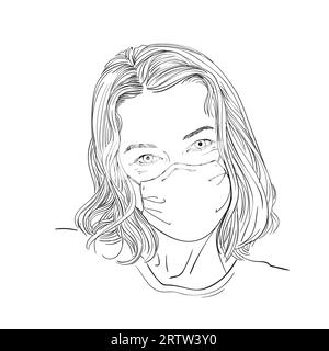 Schizzo di donna ritratto in maschera medica, Vector disegnato a mano illustrazione Illustrazione Vettoriale