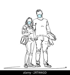 Disegno di giovane coppia che indossa la maschera medica in piedi insieme tenendo le mani. Prevenzione del coronavirus persone uomo e donna senza volto. Vettoriale sk Illustrazione Vettoriale