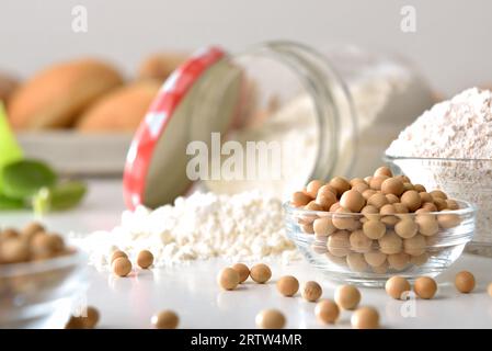 Dettaglio della farina di soia intera e raffinata su panca bianca da cucina con ciotole in vetro riempite di grani e farina. Vista dall'alto. Foto Stock