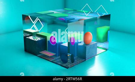 Rendering 3D di motivi geometrici colorati su sfondo verde Foto Stock